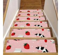 Luoweisi Tappetini per scale in legno, motivo mucche fragole, confezione da 15, 76,2 x 20,3 cm, antiscivolo, per interni, per cani, bambini, anziani, con adesivo riutilizzabile