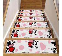 Luoweisi Tappetini per scale in legno, motivo mucche, fragole, per gradini in legno, confezione da 15, 76,2 x 20,3 cm, antiscivolo, per interni, per cani, bambini, anziani, con adesivo riutilizzabile