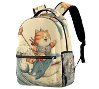 Luoweisi Zaino per la scuola con gatto che tiene freccia tridente che cavalca uno squalo zaino per la scuola per ragazzi ragazze zaino leggero zaino casual borsa per libri per viaggi sport