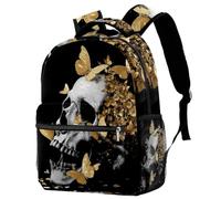 Luoweisi Zaino per la scuola con teschio e farfalle dorate, per ragazzi e ragazze, leggero, casual, per viaggi, sport, Multicolore 2., M, Casual