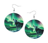 Lupi che ululano nell'aurora boreale, orecchini rotondi in pelle PVC stampata su entrambi i lati, con ganci placcati in argento 925, taglia unica, argento Sterling, pietra dorata, taglia unica