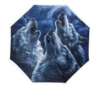 Lupi Howl at The Moon 3 Fold Ombrello Da Viaggio Per UV Pioggia Antivento Ombrelli Pieghevole Portatile Divertente Automatico, Stile-2, Automatic