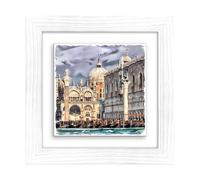 Lupia - Quadro moderno con paesaggi e localismi italiani, Ceramica e Stampa Rilievo, Cornice Legno Shabby Modern bianca, Decorazione Parete Quadretti Soggiorno 29x29 cm VENEZIA PIAZZA SAN MARCO GIORNO