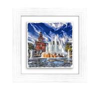 Lupia - Quadro moderno con paesaggi e localismi italiani, Ceramica e Stampa Rilievo, Cornice Legno Shabby Modern bianca, Decorazione Parete, Quadretti Soggiorno 29x29 cm MILANO FONTANA PIAZZA CASTELLO