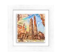 Lupia - Quadro moderno con paesaggi e localismi italiani, Ceramica e Stampa Rilievo, Cornice Legno Shabby Modern bianca, Decorazione Parete, Quadretti Soggiorno, 29x29 cm, BOLOGNA LE TORRI