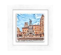 Lupia - Quadro moderno con paesaggi e localismi italiani, Ceramica e Stampa Rilievo, Cornice Legno Shabby Modern bianca, Decorazione Parete, Quadretti Soggiorno 29x29 cm BOLOGNA FONTANA NETTUNO GIORNO