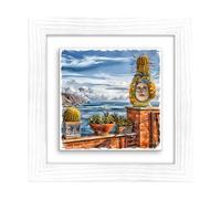 Lupia - Quadro Moderno con paesaggi e localismi Italiani, Ceramica e Stampa Rilievo, Cornice Legno Shabby Modern Bianca, Decorazione Parete, Quadretti Soggiorno, 29x29 cm, Catania Panorama Taormina