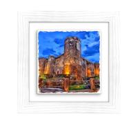 Lupia - Quadro moderno con paesaggi e localismi italiani, Ceramica e Stampa Rilievo, Cornice Legno Shabby Modern bianca, Decorazione Parete, Quadretti Soggiorno, 29x29 cm, CATANIA CASTELLO URSINO