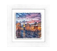 Lupia - Quadro moderno con paesaggi e localismi italiani, Ceramica e Stampa Rilievo, Cornice Legno Shabby Modern bianca Decorazione Parete Quadretti Soggiorno 29x29 cm TORINO PIAZZA SAN CARLO TWILIGHT