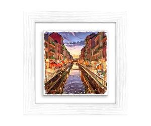 Lupia - Quadro Moderno con paesaggi e localismi Italiani, Ceramica e Stampa Rilievo, Cornice Legno Shabby Modern Bianca, Decorazione Parete, Quadretti Soggiorno, 29x29 cm, Milano NAVIGLI