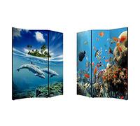 Lupia - Separe' Divisorio Paravento Marino 176x135,6x3,2 cm 3 Ante in Legno con Tela Stampata Fronte Retro bifacciale