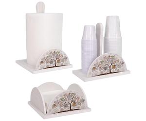Lupia - Set 3 Pezzi Porta Bicchieri, Tovaglioli e Rotolo | Stile Albero della Vita Shabby White TREE WHITE | Adatto a Ogni Stile | Accessori Cucina in Legno