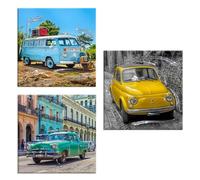 Lupia - Set 3 Pezzi Quadri su Tela Canvas Day Brillant con Glitter Cars 38x38 cm, Tema Auto d'Epoca, per Soggiorno, capezzale Camera da Letto, Cucina, Ufficio