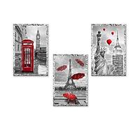 Lupia - Set 3 Quadri moderni MONDIE' poster su legno con lamina argento Paris London New York cm 31x46 CITY RED soggiorno, camera da letto