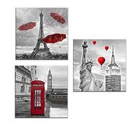 Lupia - Set 3 Quadri su Tela Canvas Day City Red 38x38 cm Citta' in Rosso, Stampa Vivida, Pronto da Appendere, Decorazione per Soggiorno, Capezzale Testiera Camera da Letto, Cucina, Ufficio