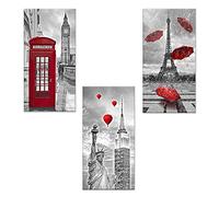 Lupia - Set 3 Quadri su Tela Canvas Day City Red 38x75 cm Citta' in Rosso, Stampa Vivida, Pronto da Appendere, Decorazione per Soggiorno, Capezzale Testiera Camera da Letto, Cucina, Ufficio