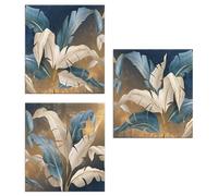 Lupia - Set 3 Quadri su Tela Canvas Day Leaves White Blue 38x38 cm Foglie Oro e Blu, Stampa Vivida, Pronto da Appendere, Decorazione per Soggiorno, Capezzale Testiera Camera da Letto, Cucina, Ufficio