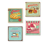 Lupia - Set Quadri Canvas su Carta Telata, Tema Vintage Food, 4 Pezzi Separati, Pronti da Appendere, 16x16 cm, Multicolore, Made in Italy, Decorazione per Cucina, Pizzeria Ristorante Bar Pub