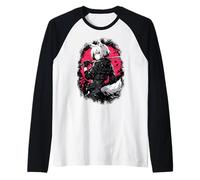 Lupo Anime Girl Samurai Katana Rosa Nero Design Estetico Maglia con Maniche Raglan