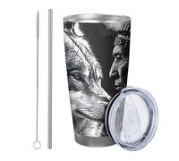 Lupo con coperchio e cannuccia bicchiere Disegni Artistici Animali Piuma Tribù Stile Indiano Uomo bianco nero Acciaio Metallo Caldo e Freddo No Spill Ufficio Outdoor Club Dormitorio Tazza da caffè 590