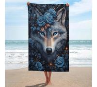 Lupo con occhi blu e rose telo mare in microfibra senza sabbia grandi asciugamani doccia multiuso assorbente per bagno piscina 130 x 80 cm