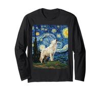 Lupo Dire Howling Moon Notte stellata Van Gogh divertente Maglia a Manica