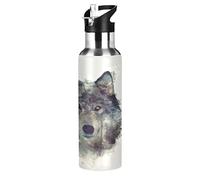 Lupo Disegnato A Mano Ad Acquerello Borraccia Termica con Cannuccia Sportiva, Bottiglia Acqua in Acciaio Inox Isolato 600ML Senza BPA per Bevande Calde e Fredde per Bambini Scuola
