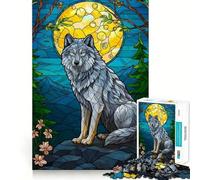 Lupo in vetro colorato al chiaro di luna Puzzle da 1000 pezzi per adolescenti Gioco di logica e abilità Tranquillo Calmo Taglio preciso Sorpresa di Natale 38x26cm