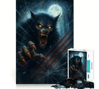 Lupo mannaro che sfonda un vetro sotto la luna piena Puzzle per adulti da 1000 pezzi Gioco di sfida mentale Taglio preciso e allineamento perfetto Divertimento in famiglia Attività serale (38x52cm)