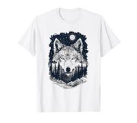 Lupo sotto la Luna con Foresta e Paesaggio Montano Maglietta