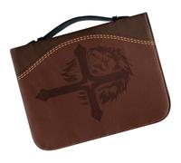Lurrose Borsa per Bibbia Retrò in Pu Marrone con Manico e Zip | Motivo Croce e Leone, Design Vintage, per Letture e Incontri di Gruppo, Protezione da Graffi e Polvere