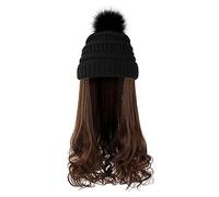 Lurrose Cappello a maglia con capelli: ondulati ricci parrucca smontabile caldo lavorato a maglia pom-cap capelli sintetici collegati per le donne inverno