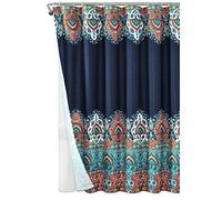 Lush Decor Bohemian Meadow - Tenda da doccia con rivestimento in Peva e anelli, set completo da 14 pezzi, 183 x 183 cm, arancione e turchese, Poliestere, Marina Militare, 72 Inches x 72 Inches