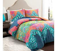Lush Decor Boho Chic - Set copripiumino reversibile in 3 pezzi, in cotone, colore: Turchese e Blu navy, Pieno/Regina