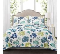 Lush Decor Coastal Reef Reversible Quilt Set, 7 Piece Set, King, Navy & Blue - Tropical Beach Bedding Set With Throw Pillows - Coastal Quilts Queen Size - Beach House Decor
