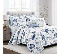 Lush Decor Harbor Life Set di biancheria da letto matrimoniale reversibile, 7 pezzi, indaco, a righe, con stampa di vita marina, con cuscini, decorazione a tema spiaggia per camera da letto