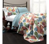 Lush Decor Layla Quilt Set di Biancheria da Letto Reversibile, 3 Pezzi, con Stampa Floreale, Cotone, Arancione e Blu, King