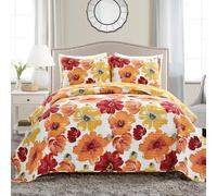 Lush Decor Leah - Set copripiumino reversibile floreale, 3 pezzi, completo/matrimoniale, rosso e arancione, set di biancheria da letto floreale affascinante - grandi fiori ad acquerello in fiore