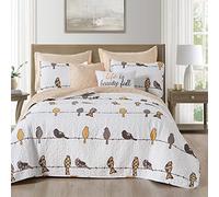 Lush Decor Rowley Birds Quilt Reversible 7 Piece Bedding Set with Floral Animal Bird Print and Decorative Pillows, Full/Queen, Yellow & Gray