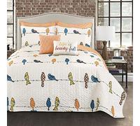 Lush Decor Rowley Birds Quilt-Reversible 7 Piece Bedding Set with Floral Animal Bird Print And Decorative Pillows-Full Queen-Multicolor Trapunta, Poliestere