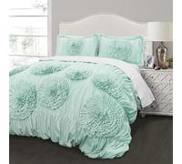 Lush Decor Serena, Set con piumino da 3 pezzi per letto matrimoniale, verde acqua, dal romantico design floreale con ruche; una decorazione per la camera da letto vintage, glamour e rustica