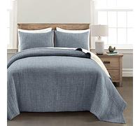 Lush Decor Set trapunta/copriletto Kantha in cotone tinto in tinta unita, 3 pezzi, blu navy e bianco sporco, completo/queen size