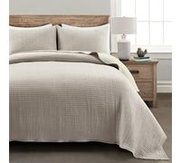 Lush Decor Set trapunta/copriletto Kantha in cotone tinto in tinta unita, 3 pezzi, neutro e bianco sporco, per letto matrimoniale