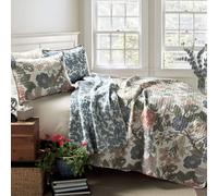 Lush Decor Sydney Floral Leaf - Set di biancheria da letto reversibile con trapunta, 3 pezzi, per letto matrimoniale, verde e blu