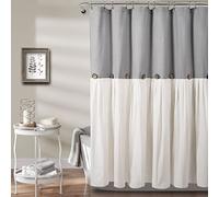 Lush Decor Tenda da doccia plissettata in lino con bottoni, design bicolore per bagno, 183 cm di larghezza x 198 cm di lunghezza, grigio e bianco