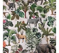 LushFabric Tessuto con stampa digitale con animali africani, giungla tropicale, palma, fiori, foglie, culla, effetto lino, larghezza 138 cm (2 metri)