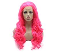Lushy Parrucca sintetica frontale in pizzo per capelli, lunga 61 cm, ondulata, rosa rossa, resistente al calore, parrucca realistica a densità pesante