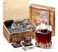 LUSKEYCOR Set decanter per whisky con cassa in legno, decanter per whisky a forma di leone da 720 g e 2 bicchieri da 283,5 g con pietre da whisky in acciaio inossidabile 304, sottobicchieri in