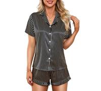 LUSLOVE Pigiama da donna in raso, con scollo a V, a righe, abbottonatura e pantaloncini con orlo a volant, colore: nero, Nero , S