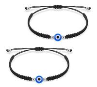 Lusofie 2 bracciali con cordino da occhio malvagio, con occhio blu cattivo, regolabile, realizzato a mano, corda nera, per coppie, amicizia, portafortuna, 16 cm/6,3 Zoll, Resina, filo cerato, nessuna.